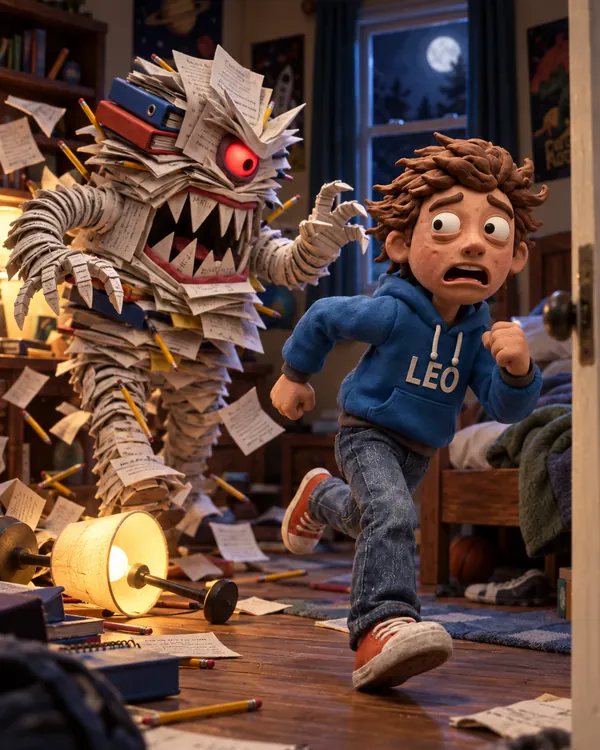 Clay-animation still: a monster made of crumpled homework pages chases Leo across his bedroom at night.