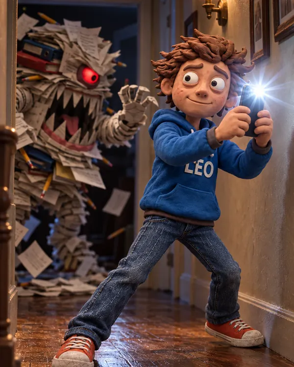 Clay-animation still: in the hallway, Leo turns and points his phone's camera flash at the homework monster.